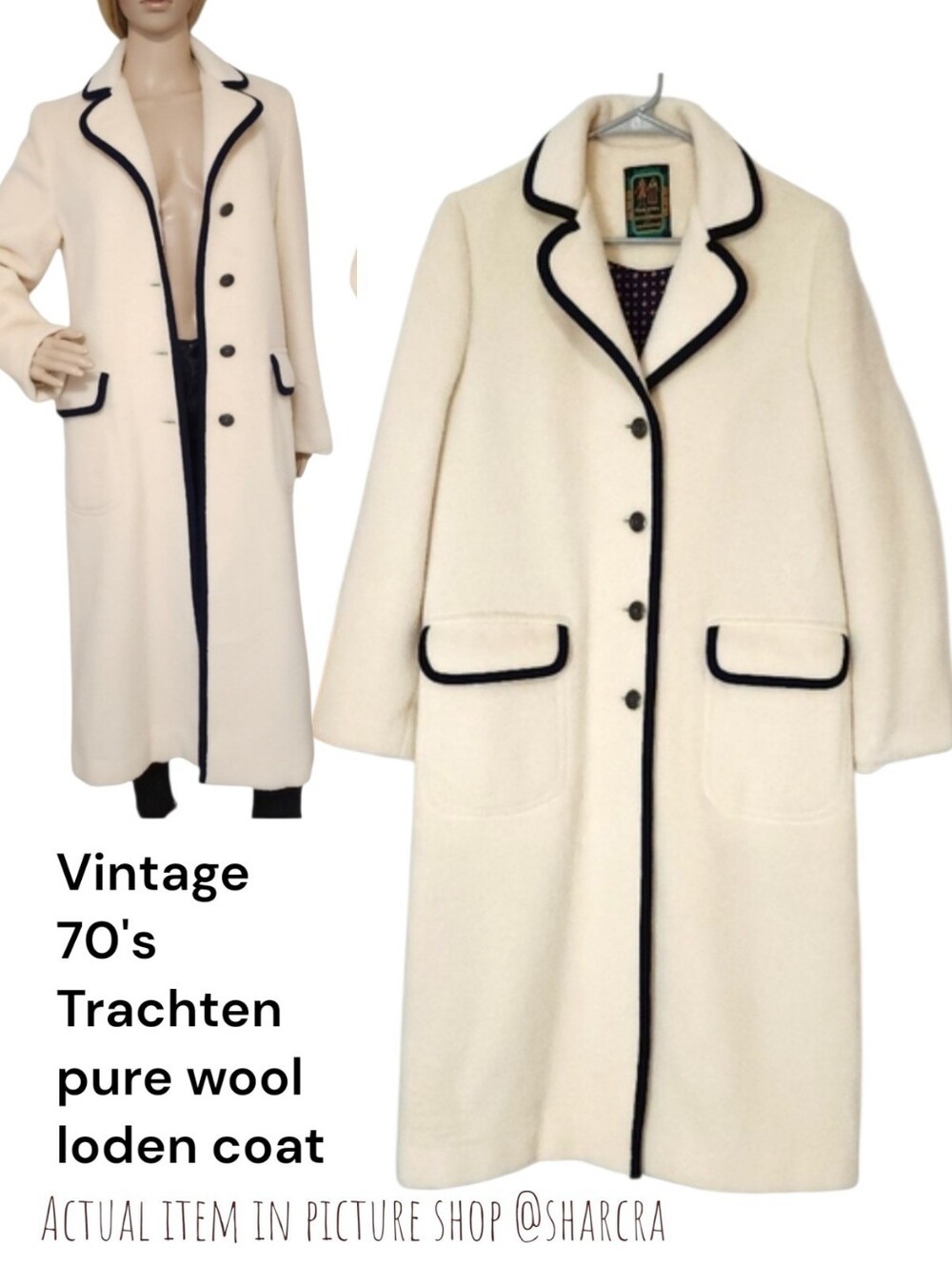 Vintage 70's Trachten Women's pure wool loden coat off white navy button down S